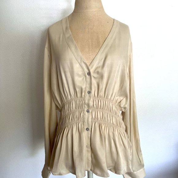 Anthropologie Smocked Satin Blouse Top Large MSRP Large $98 NWT - Picture 7 of 16